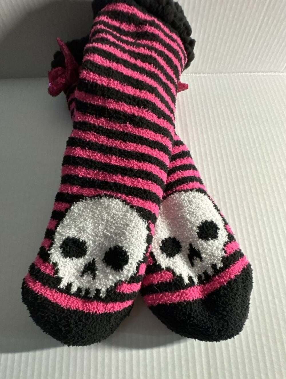 Betsey Johnson Pink and Black Striped Skull Cozy Slipper Socks